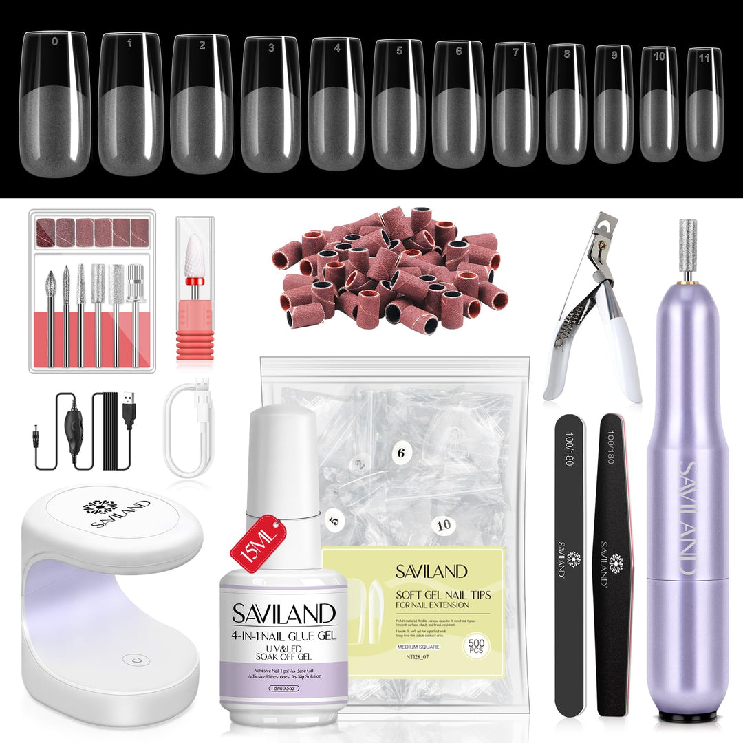 Saviland Square Gel X Nail Kit - Nail Kit With Nail Drill 500 Pcs Nail Tips Square 0.5 Oz 4-In-1 Gel Nail Gel & U V/Led Nail Lam