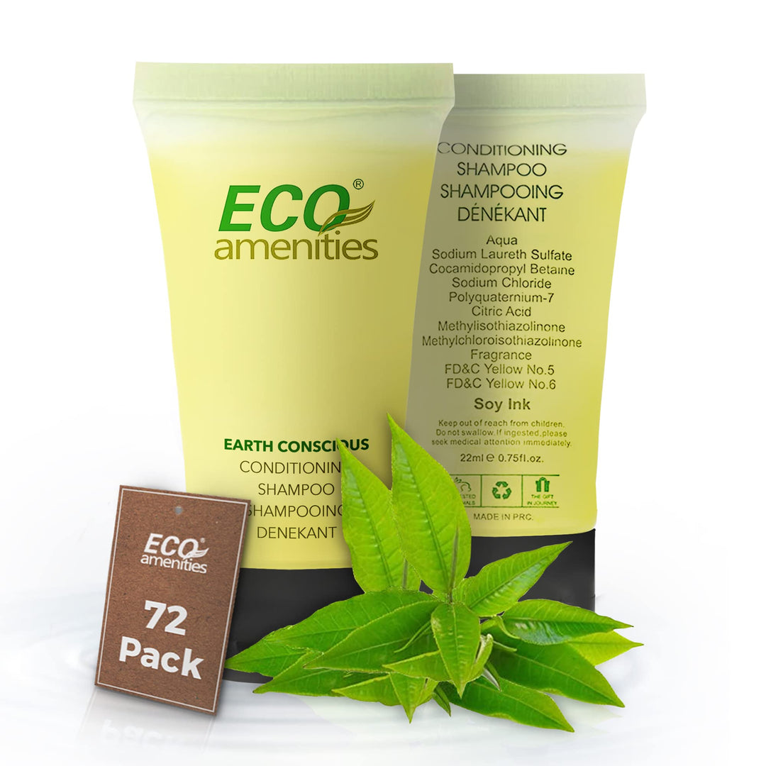 Eco Amenities Travel Size Shampoo and Conditioner Sets - 2 in 1 Hotel Shampoo and Conditioner Supplies for Guests - Refreshing Bulk Travel Size Toiletries - 22ml (0.75fl oz), 72 pack, Green Tea Scent