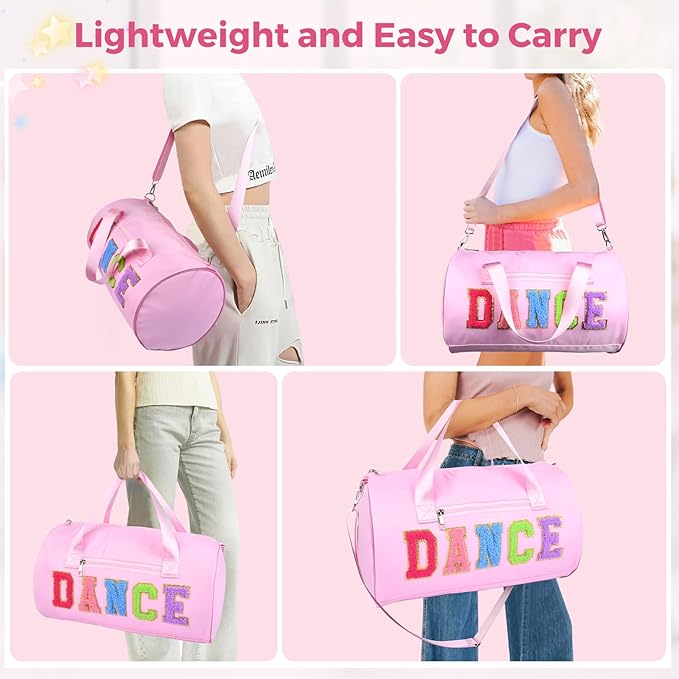 Dance Bag for Girls, KUIRAN 23L Waterproof Travel Duffel Bag with Colorful Chenille Letter, Lightweight Small Gym Sport Ballet Bag Weekender Bag with Large Main Compartment - Pink