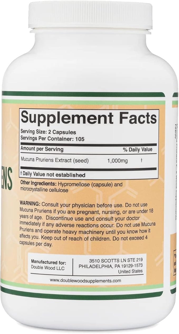 Mucuna Pruriens Extract Capsules - Dopamine Boosting Supplement - 210 Count, 1,000mg Per Serving, 20% (from Velvet Bean) (for Mood and Motivation Support) Third Party Tested by Double Wood