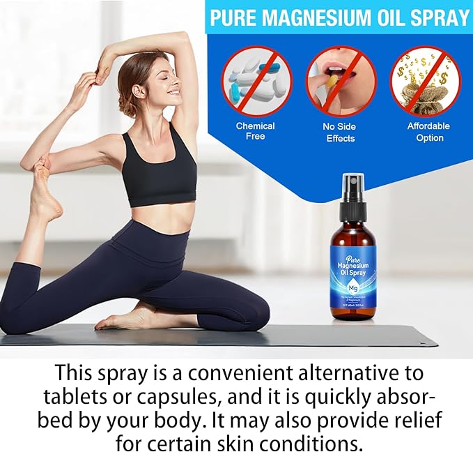 Magnesium Spray, Pure Magnesium Oil Spray for Feet, Natural Organic Ingredient in Glass Bottle, Easy to Absorb and Use (60ML)