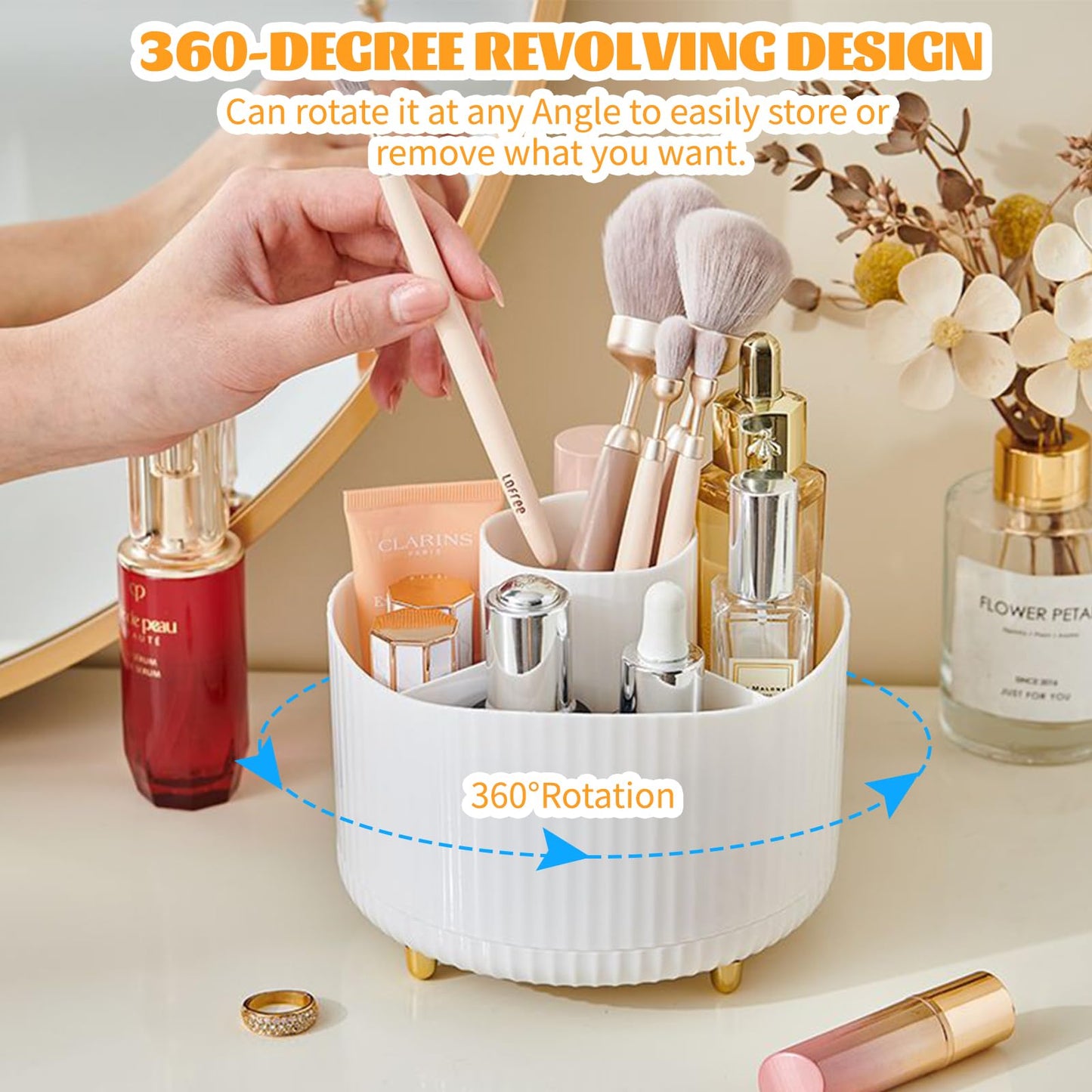 360° Rotating Makeup Organiser, Make Up Brush Holder with 5 Compartments, Desk Storage Container for Bedroom Dressing Table Cosmetics Organizer, Office Stationery Storage, Desktop Pen Holders (White)