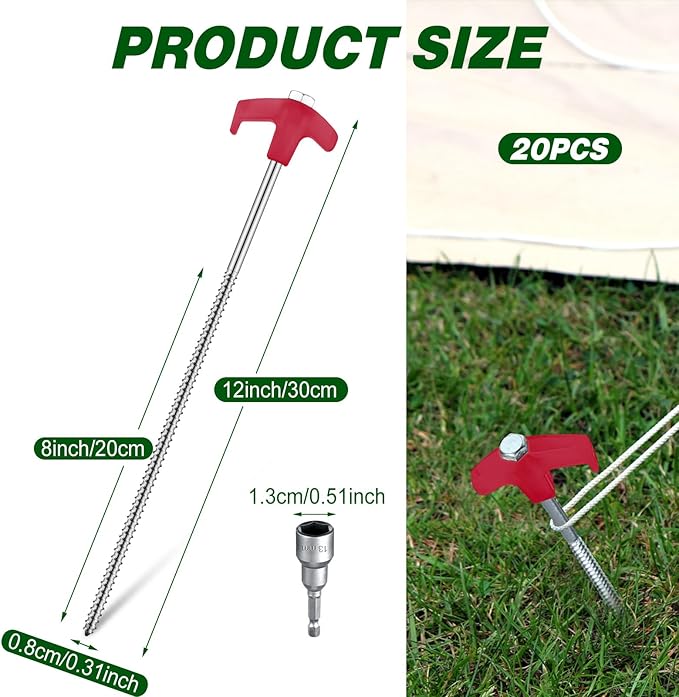 Hicarer 12 Inch Tent Stakes Screw in Camping Stakes Heavy Duty Metal Stake Ground Anchor Peg Threaded Tent Spikes with Hex Head Driver for Camping Garden Inflatable