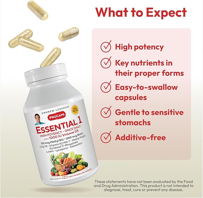 ANDREW LESSMAN Essential-1 Multivitamin 1000 IU Vitamin D3 30 Small Capsules - 100 mcg Methyl B12. CoQ10 Lutein Lycopene Zeaxanthin. High Potency. No Additives. Ultra-Mild. One Daily Capsule