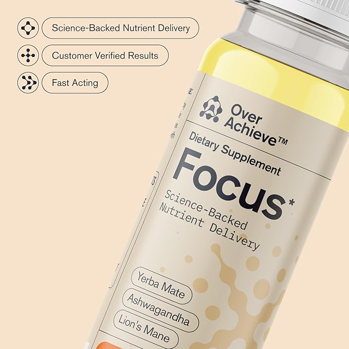 Focus Drink for Concentration- Contains Yerba Mate, Ashwagandha and Lions Mane Mushroom with Advanced Nanoscience Technology - 12 Pack Brain Focus Drink, Orange Flavor, 2oz