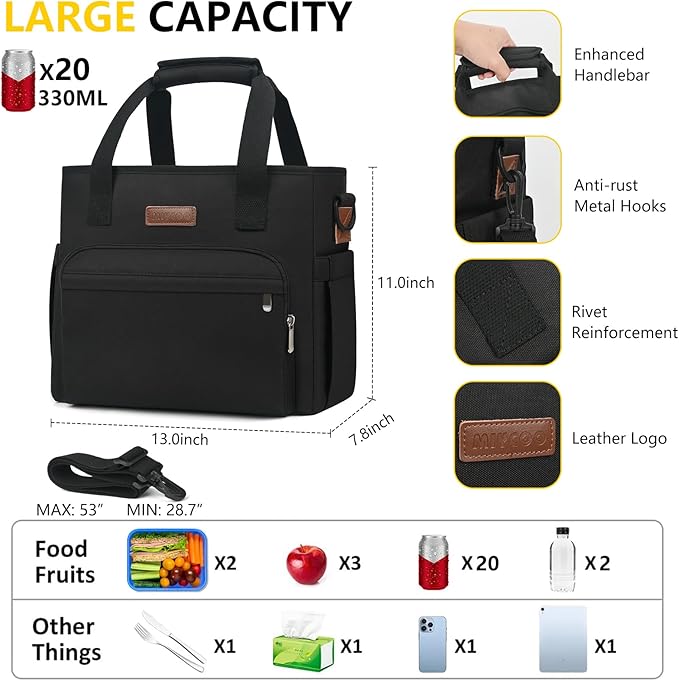 MIYCOO Lunch Bag Lunch Box Men Women - Leakproof Insulated Cooler Bag for Men Women - Large Tote Adults, Black