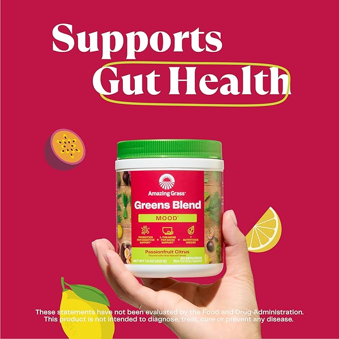 Amazing Grass Greens Blend Mood: Super Greens Powder Smoothie Mix for Mood, Relaxation & Stress Support with Organic Spirulina, Chlorella, Beet Root Powder, Digestive Enzymes & Probiotics, 15 Servings
