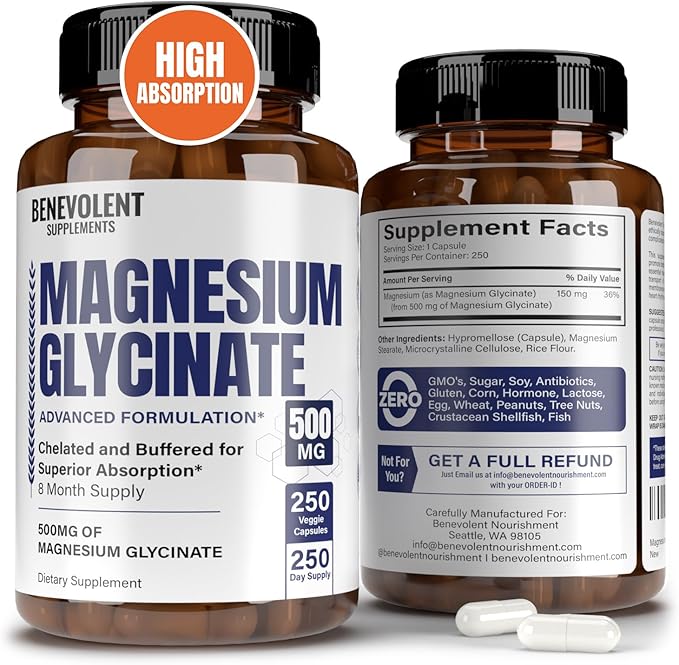 Premium Magnesium Glycinate 500mg Capsules High Absorption Formula Chelated Buffered Glycinate to Support Digestion, Bone, Sleep & Muscle Health - Made in USA - 250 Capsules