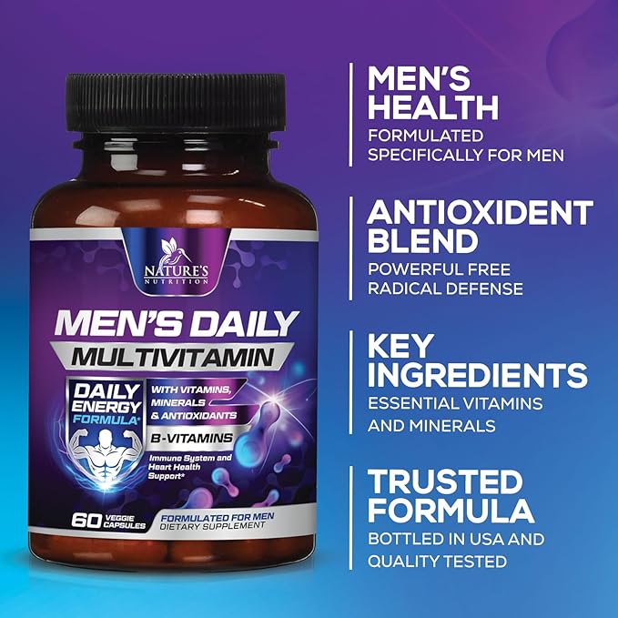 Multivitamin for Men - Mens Multivitamins for Daily Nutritional Support, Men's Multivitamin with Vitamin A, C, D, E, B12, Zinc & More, Immune Health & Energy Support Vitamins Supplement - 60 Capsules