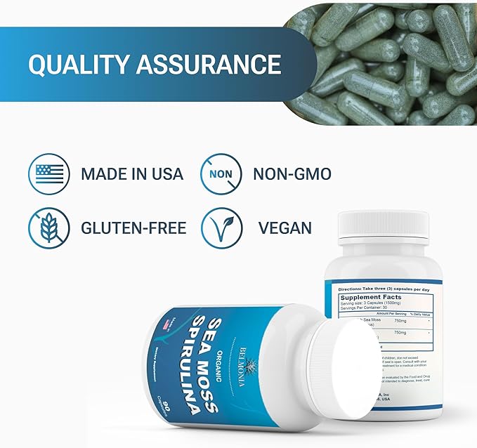 Organic Sea Moss Spirulina, 90 Capsules, 100% Organic Sea Moss Spirulina, Strength & Endurance- High Potency Sea Moss Supplement, Made in USA, Superfood Capsules for Men & Women, Vegan