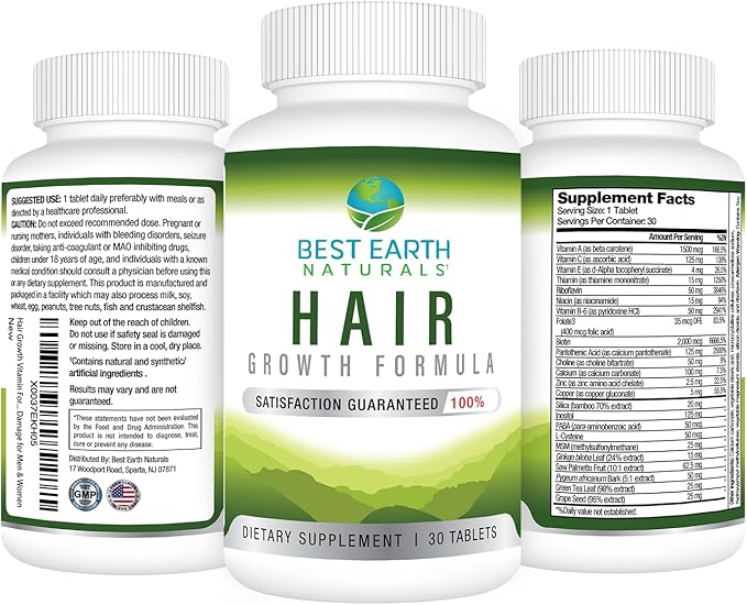 Best Earth Naturals Hair Growth Vitamin Formula to Help Support Thick Full Strong Healthy Hair - for Men & Women - 30 Count