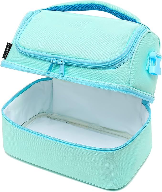 FlowFly Double Decker Cooler Insulated Lunch Bag Large Tote for Boys, Girls, Men, Women, With Adjustable Strap,Light Blue