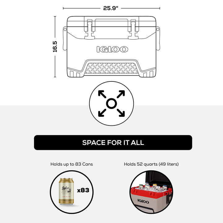 Igloo BMX 52 Quart Cooler with Cool Riser Technology, Fish Ruler, and Tie-Down Points - 16.34 Pounds - Sandstone and Red