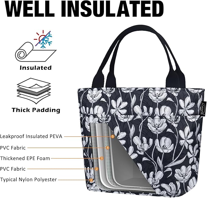 Aosbos Lunch Bag Women - Leakproof Insulated Lunch Bags for Adult Lunch Box for Women Lunch Tote Bag Lunch Cooler Bags Lunchbox Bag, Loncheras Para Mujer for Work Travel Picnic Gym, Tulip