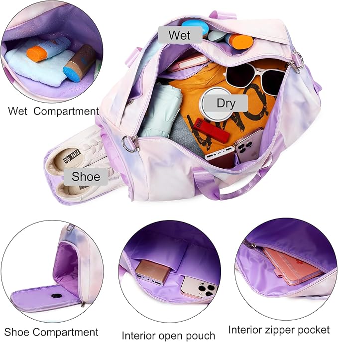 Sports Gym Bag for Girls Dance Bag for Girls Teen Travel Duffel Bags Waterproof Overnight Duffel Bag with Shoe Compartment Ballet Gym Bag Purple