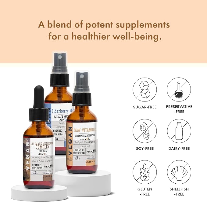 Antioxidant Powerhouse Bundle - Elderberry, Raw Vitamin C, Mushroom Complex - Nutriments, Phytonutrients & Cognitive Well-Being All in One Package - Multivitamins - 2 Fl Oz - 240 Days Supply