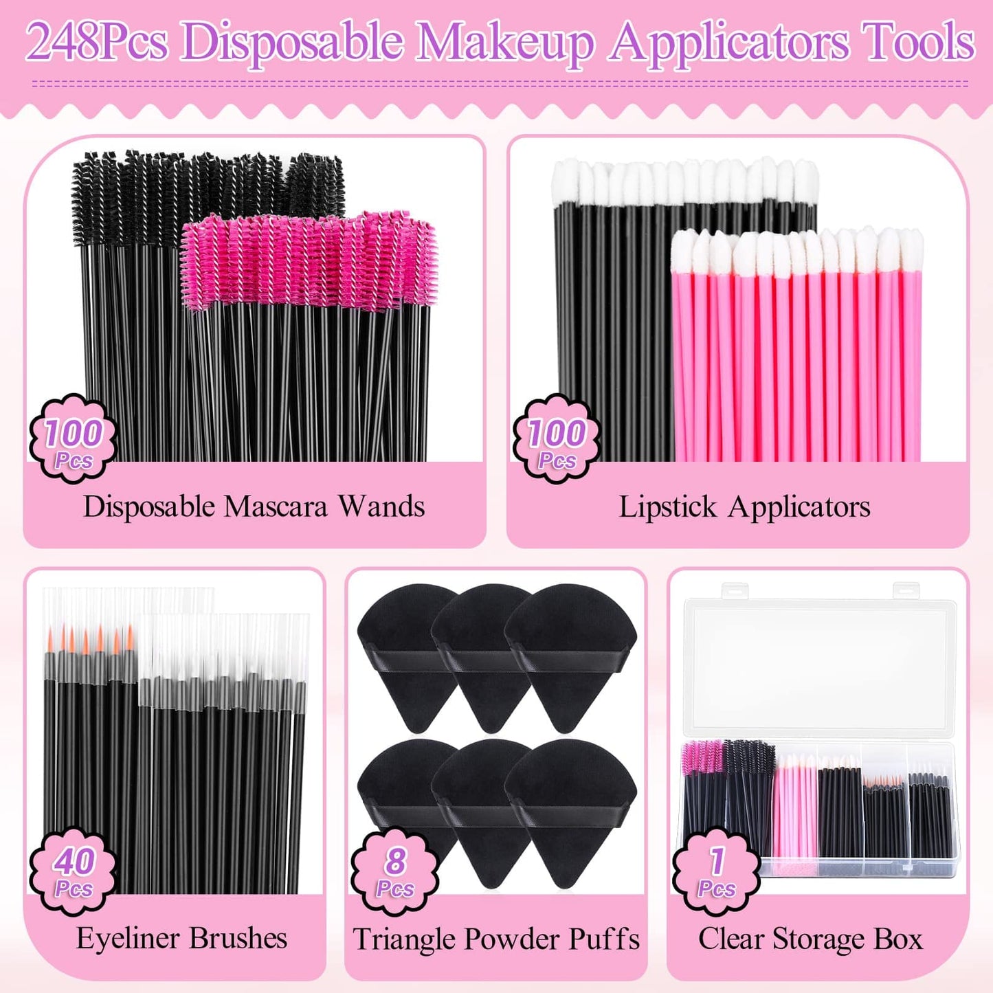 248 Pcs Makeup Applicator Kit With Triangle Puffs, Mascara Wands, Lip Applicators, Eyelash Liner Brushes - Disposable Supplies for Makeup Artists