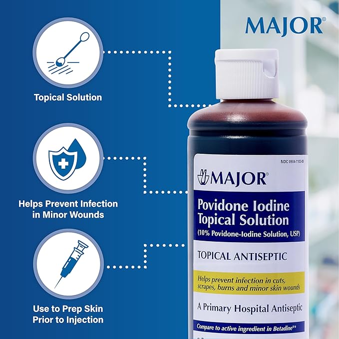 Major 10% Povidone-Iodine Liquid Topical Solution, USP - Topical Antiseptic for Cuts, Scrapes, Burns, and Minor Skin Wounds - 8 Fl. Oz. (1 Pack)