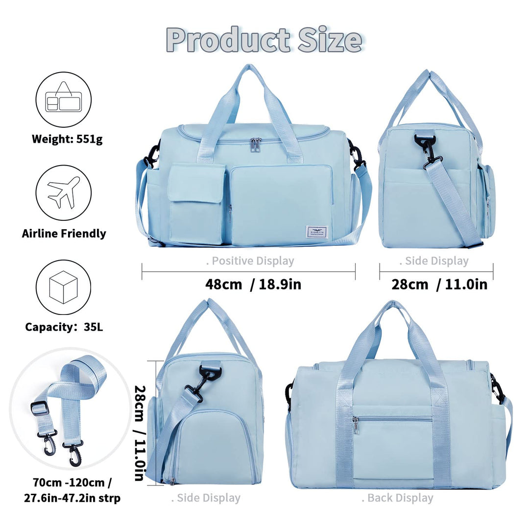 FIORETTO Women's Water-Resistant Gym Duffle Bag with Shoes Compartment, 37L Capacity, Multi-Functional, Ideal for Travel, Gym, Sports, Weekender, Light Blue