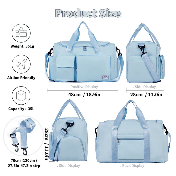 FIORETTO Women's Water-Resistant Gym Duffle Bag with Shoes Compartment, 37L Capacity, Multi-Functional, Ideal for Travel, Gym, Sports, Weekender, Light Blue