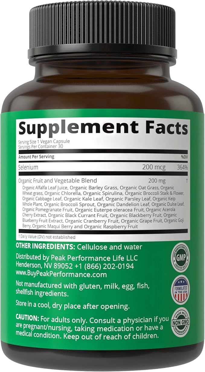 Selenium Supplement with Whole Food Blend of 25+ Vegetables and Fruits for Max Absorption. Pure Selenium Vegan Capsules for Immune System, Thyroid Support, Heart Health, Prostate Support. 30 Pills