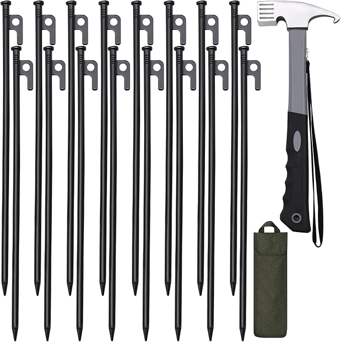 16pcs Tent Stakes and Hammer Set, 16in Heavy Duty Forged Steel Tent Stakes + Camping Hammer + Storage Pouch, Available in Rocky Place (16pcs 16in Stake+Hammer)