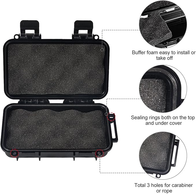 Dry Storage Box, Shockproof Waterproof Box with 2 U‑Shape Buckle, Plastic Storage Container for Cameras, Phones, Camping, Fishing, Hiking(Large-Black)