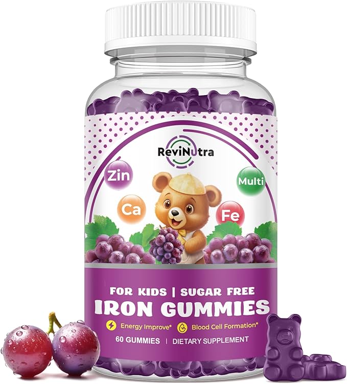 Iron Supplement Gummies for Kids - with Calcium, Zinc, Kids Multivitamin with Iron Gummies - Immune Support, Blood Builder & Energy Support for Iron Deficiency, Anemia, Vegan - 60 Gummies Grape Flavor