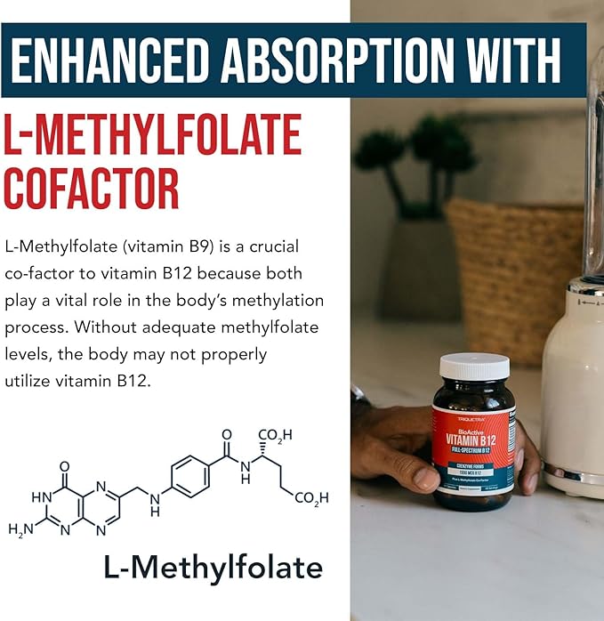 BioActive Vitamin B12 1000 mcg | All 3 BioActive B12 Forms Plus Methylfolate Cofactor - Methyl B12, Adenosyl B12 & Hydroxy B12 | Supports Energy, B12 Levels & Mood | Vegan, Non-GMO (60 Servings)