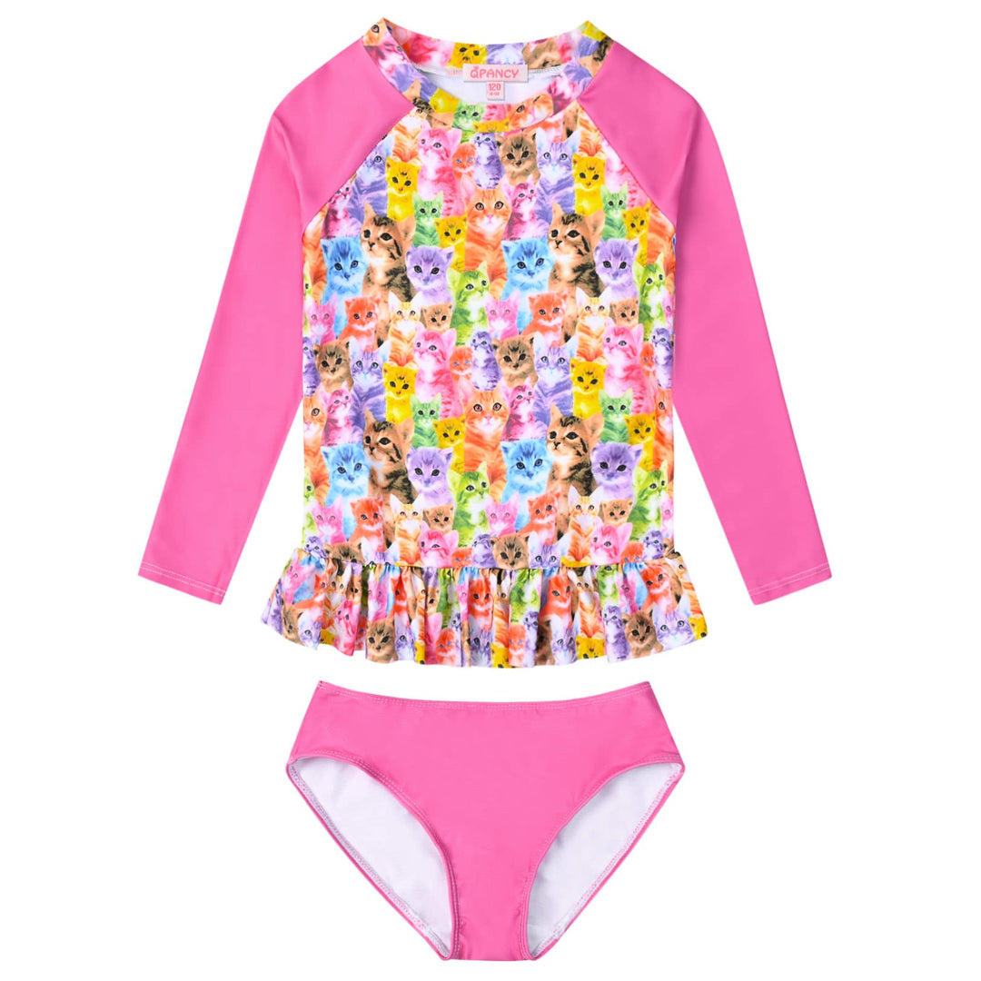 Little Girls Rash Gard Two-Piece Swimsuit Girls Long Sleeve Cat Bathing Suit with UPF 50+ Sun Protection Size 6 7