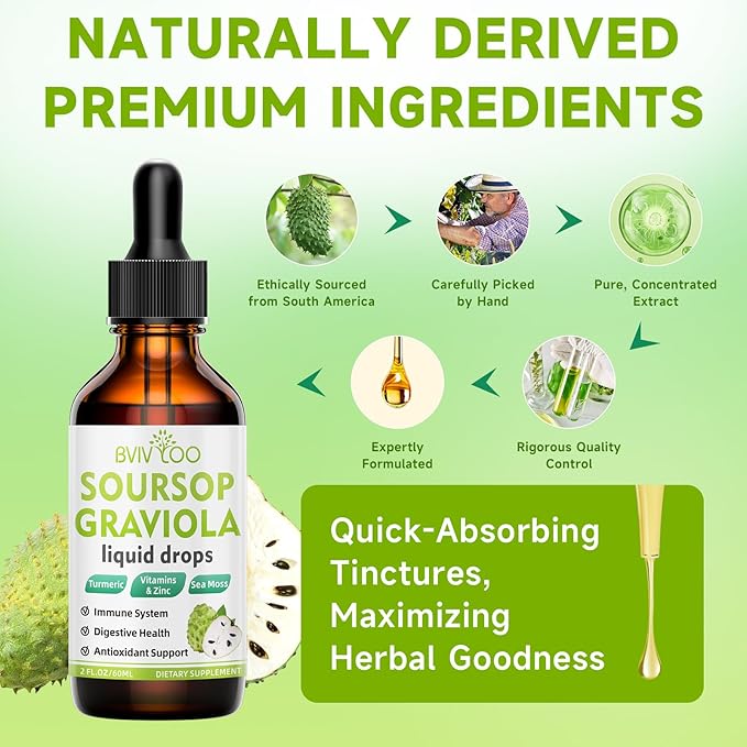 2 Pack Soursop Graviola Liquid Drops - 2000mg Pure Soursop Extract Blended with 300mg Sea Moss & 100mg Elderberry - Powerful Cell Support, Antioxidant-Rich, Immune-Boosting - 4 Fl Oz (120ml) Bottle