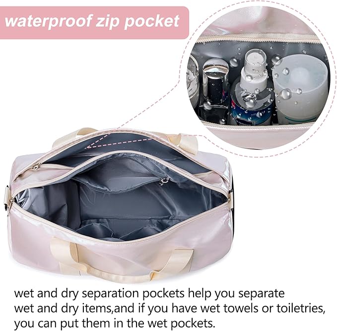 Gym Bag Sports Duffle Bag with Wet Pocket Weekender Overnight Bag with Waterproof Shoe Pouch and Air Hole for Women Girls Travel Foldable Bag (Metallic Beige)
