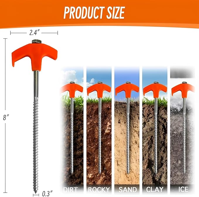 8" Screw in Tent Stakes - Ground Anchors Screw in, Screw in Tent Stakes Heavy Duty, Metal Threaded Tent Spikes, Tent Pegs Camping Stakes, Tent Stakes for Outdoor Camping (8pcs)