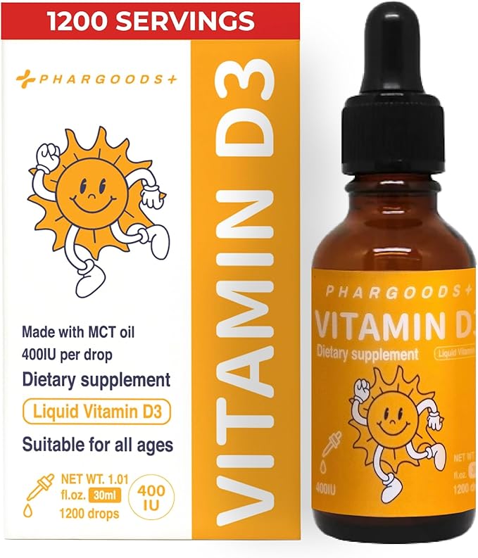 Baby Vitamin D3 Drops-400IU per Drop-1200 Servings-Safe for Newborns&Kids-Supports Immune&Bone Health-30ml