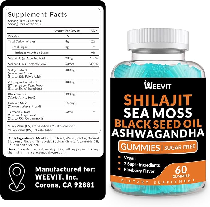 Shilajit Sea Moss Ashwagandha Gummies with Turmeric, Black Seed Oil, Vitamin C D for Men & Women, Shilajit and Ashwagandha Gummy, All in 1 Supplements for Immune, Absorption & Energy Support
