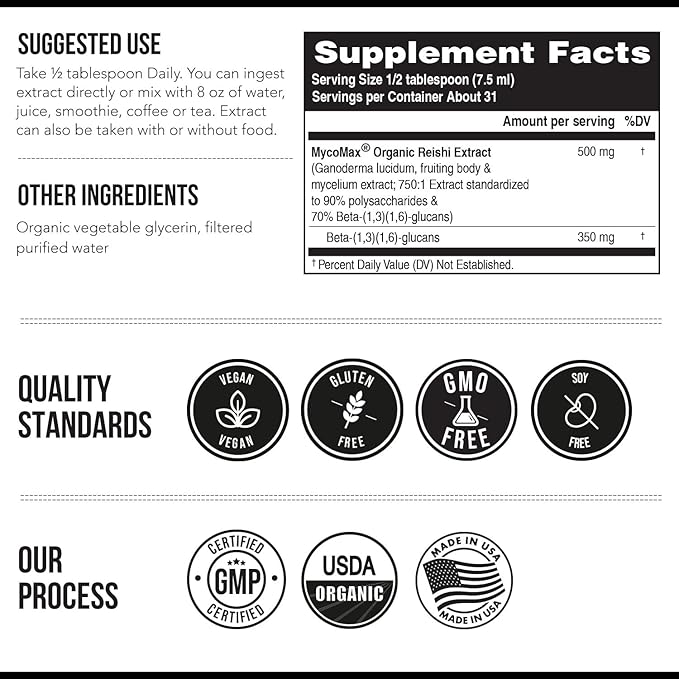 Organic Reishi Mushroom Extract - 70% Beta Glucans - Highest Active Nutrient Levels, Max Potency Cordyceps Tincuture, US Grown + Ultrasonic Extraction - Energy, Immunity, Sleep and Stress - 8 oz.