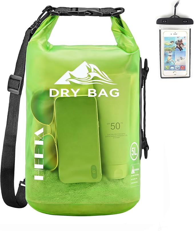 HEETA Dry Bag Waterproof for Women Men, 5L/10L/20L/30L/40L Roll Top Lightweight Dry Storage Bag Backpack with Phone Case for Travel, Swimming, Boating, Kayaking, Camping & Beach, 11 Transparent Colors