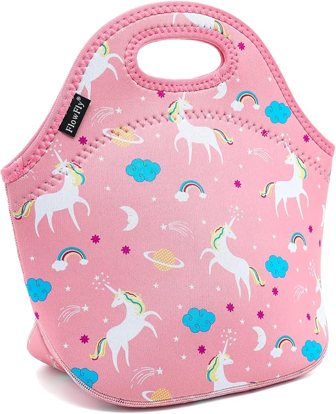FlowFly Neoprene Lunch Tote Insulated Thermal Reusable Lunch Bag Box for Boys Men with Zipper,Unicorn
