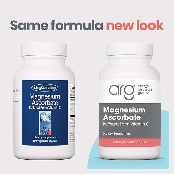 Allergy Research Group Magnesium Ascorbate Supplement - 1000mg Buffered Vitamin C, Immune Support, Magnesium Powder, Vegetarian Capsules - 100 Count