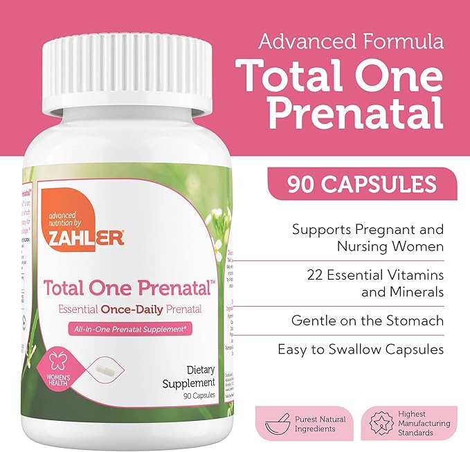 Zahler - Total One Prenatal Vitamins for Women (90 Count) Daily Multi Vitamin Prenatals with Folic Acid, Iron, Zinc & 19 Other Essential Vitamins & Minerals - Kosher Pre Natal Multivitamin Capsules