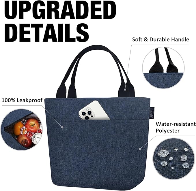 Aosbos Insulated Lunch Bag for Women, Blue, 10.0L x 5.5W x 10.0H Inches, Leakproof & Waterproof, Long-Term Insulation, Stylish & Portable, Perfect for Work, Travel, Shopping or Outdoor Activities