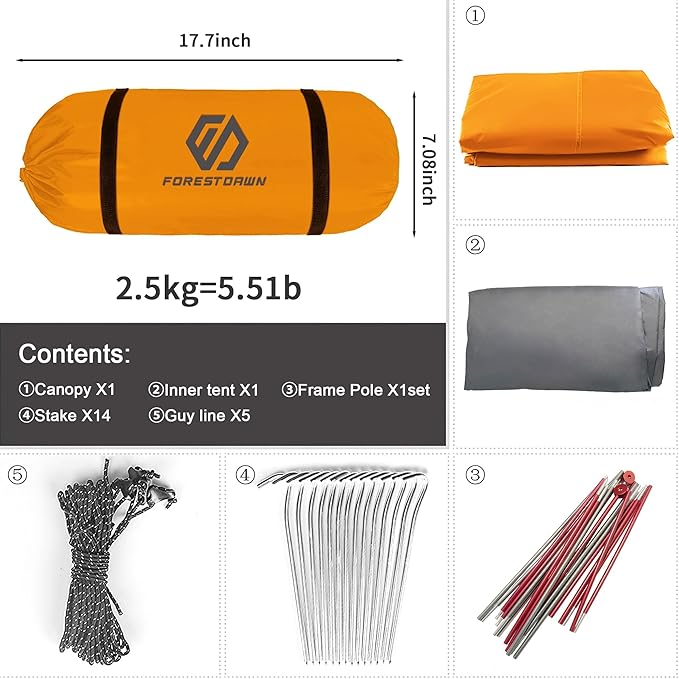 2 Person Camping Tent with 3 Aluminum Alloy Poles, 4 or 3 Season Waterproof Tent, Double Layer,Easy Setup, 2 Doors for Outdoor Hiking,Mountaineering,Survival,Travel