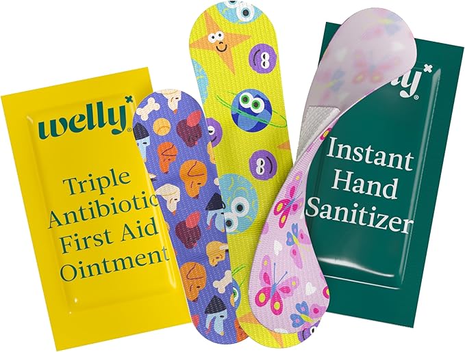 Welly Quick Fix, On The Go First Aid Kit, Assorted Bandages, Ointments, and Hand Sanitizer, Three Color Bandages - 2 Pack