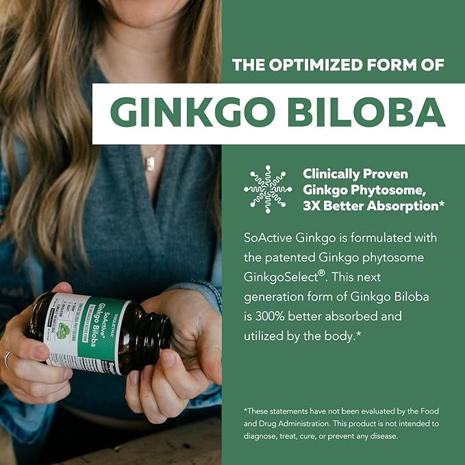SoActive Ginkgo Biloba | Clinically Proven Ginko Biloba Phytosome - 300% Better Absorption - 180 mg Dose - Brain, Heart, Mood & Memory Support Supplement - Optimized for Active Nutrients (60 capsule)