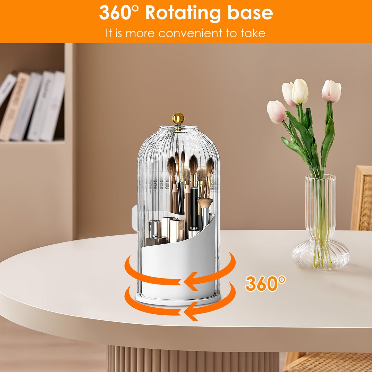 3 Slots Toothbrush Holder with Sliding Lid, 360° Rotating Covered Makeup Brush Holder, Bathroom Waterproof Dustproof Organizer for Vanity Bathroom (white)