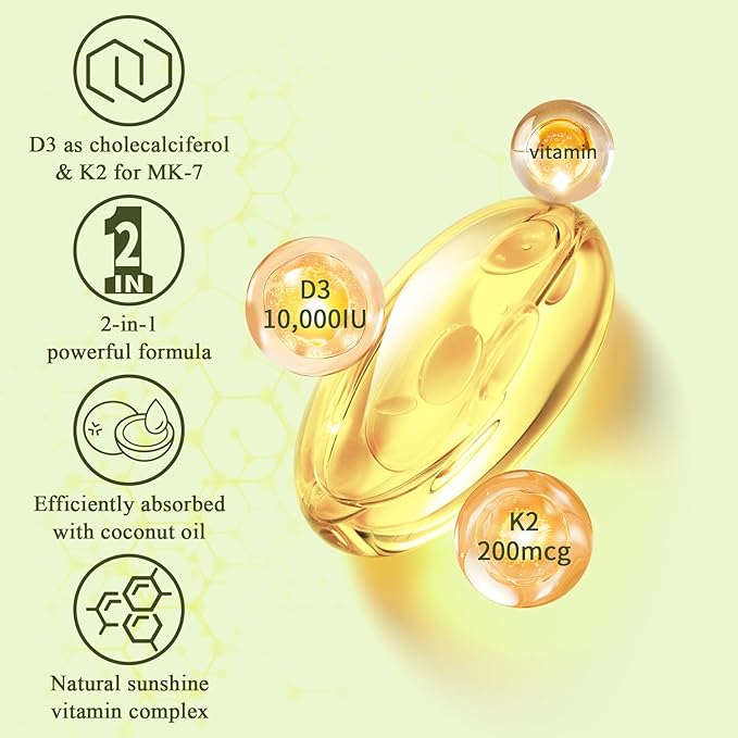 2-in-1 Vitamin D3 K2 Supplement Softgel, Vitamin D3 10000 IU and Vitamin K2 200 mcg, K2 MK7 with D3 Vitamin Supplement Support Immune, Heart, Joint, Teeth & Bone Health