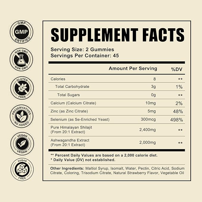 2400mg Pure Himalayan Shilajit Gummies with 2000mg Organic Ashwagandha Supplement for Men & Women, Extra Strength for Ehance Stamina, Immune Support, Vegan, for Adults, 90 Count