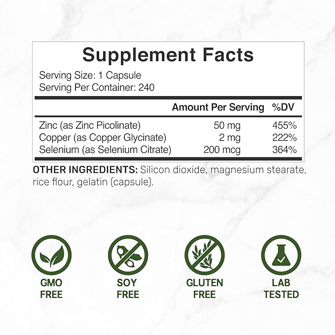 Deal Supplement Zinc 50mg with Selenium + Copper, 240 Capsules, 8 Month Supply, 3 in 1 Mineral Formula, Zinc Picolinate Complex Supplement, Supports Healthy Immune System for Adults and Kids