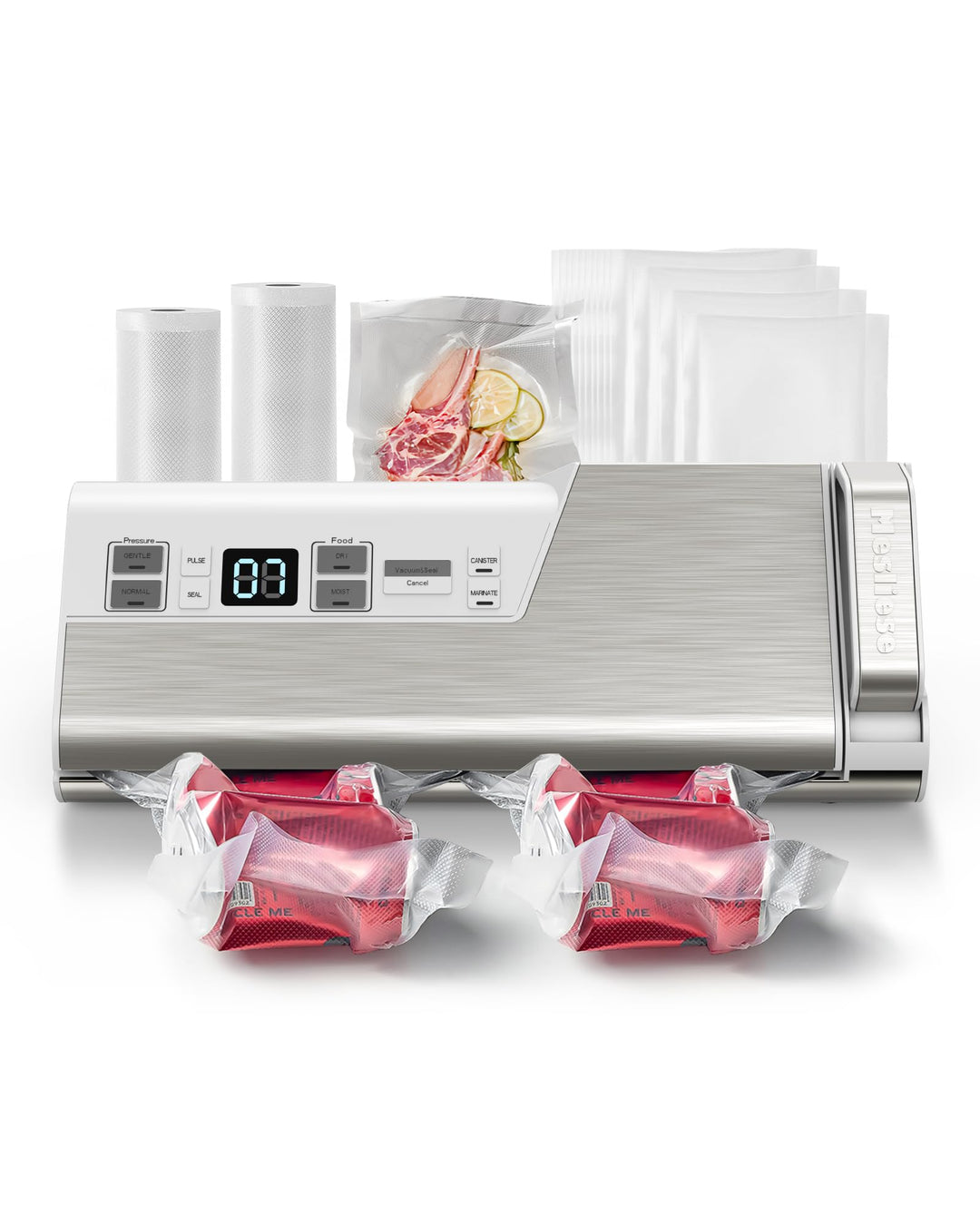 Mesliese Vacuum Sealer Machine, 95kPa 140W Double Seal Powerful Food Sealer, One Hand Operation Food Storage with Build-in Cutter & Roll Storage, Includes 2 Bag Rolls, 5pcs Pre-cut Bags white