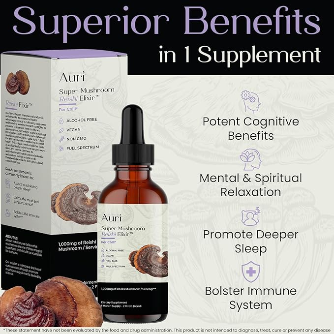 Auri Reishi Super Mushroom Elixir - Immune Booster and Stress Support Supplement to Achieve Deeper Sleep - Reishi Tincture 60ml